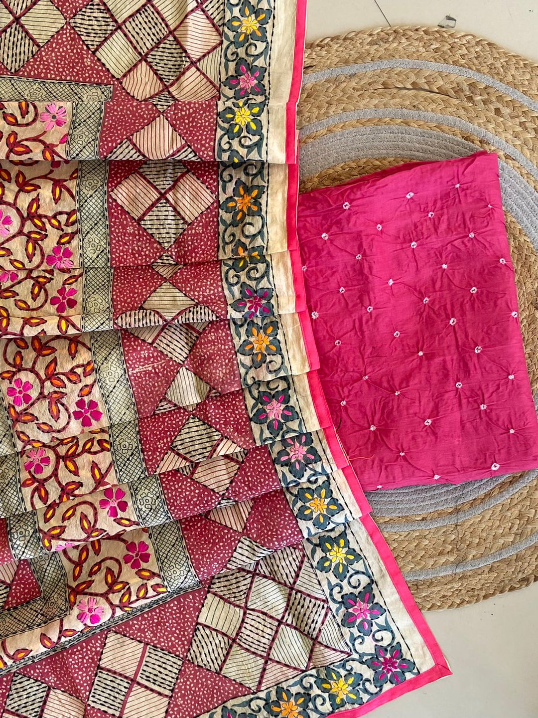 Pure Cotton Shatin Badhani Print Unstitched suit With Chanderi Fulkari Work .