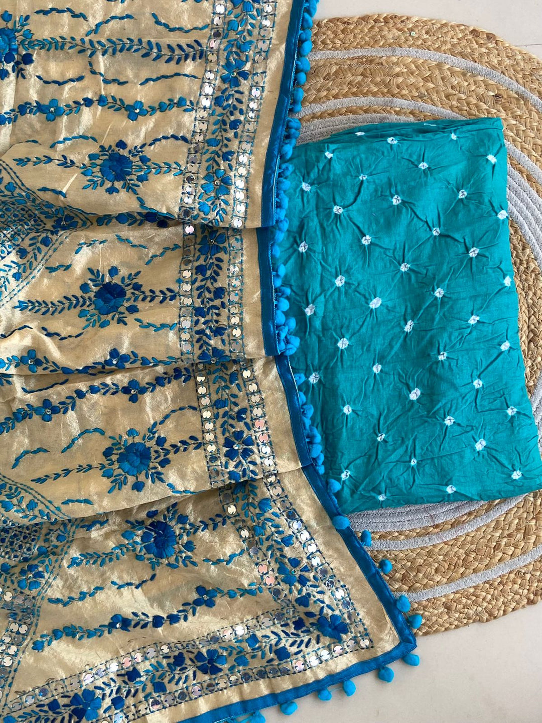 Pure Cotton Shatin Badhani Print Unstitched suit With Chanderi Fulkari Work .