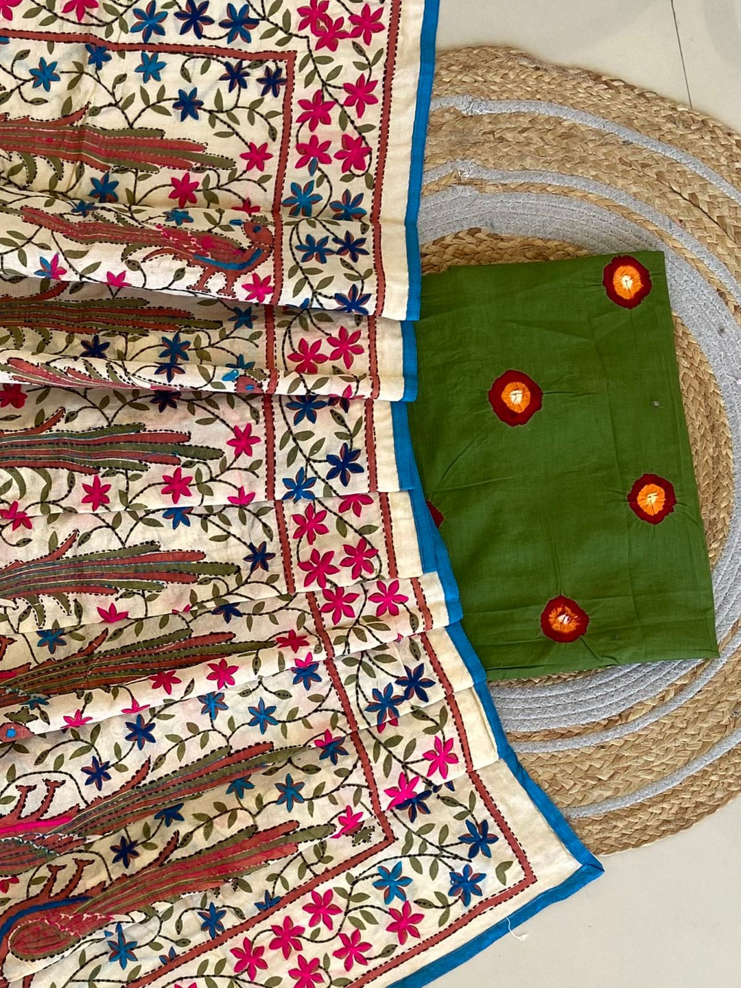 Pure Cotton Shatin Badhani Print Unstitched suit With Chanderi Fulkari Work .