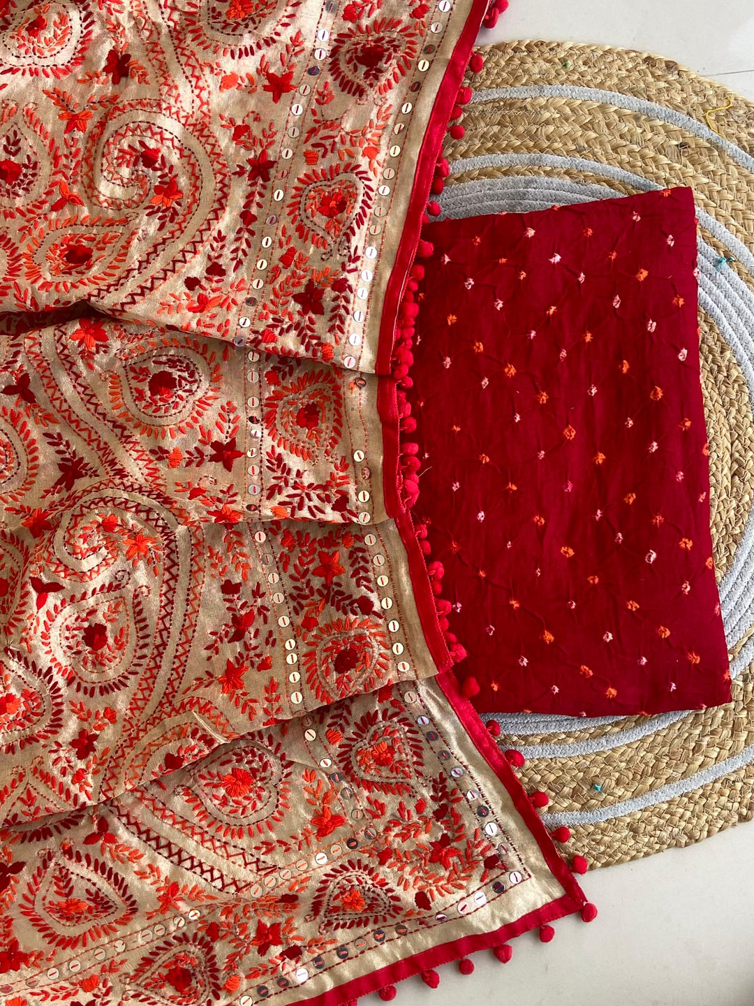 Pure Cotton Shatin Badhani Print Unstitched suit With Chanderi Fulkari Work .
