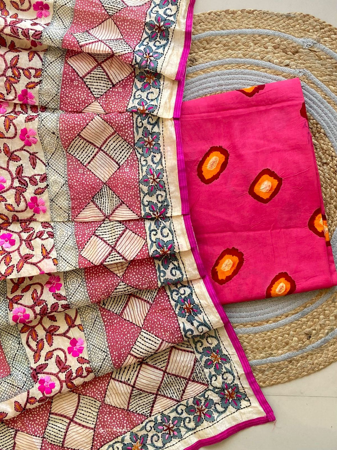 Pure Cotton Shatin Badhani Print Unstitched suit With Chanderi Fulkari Work .