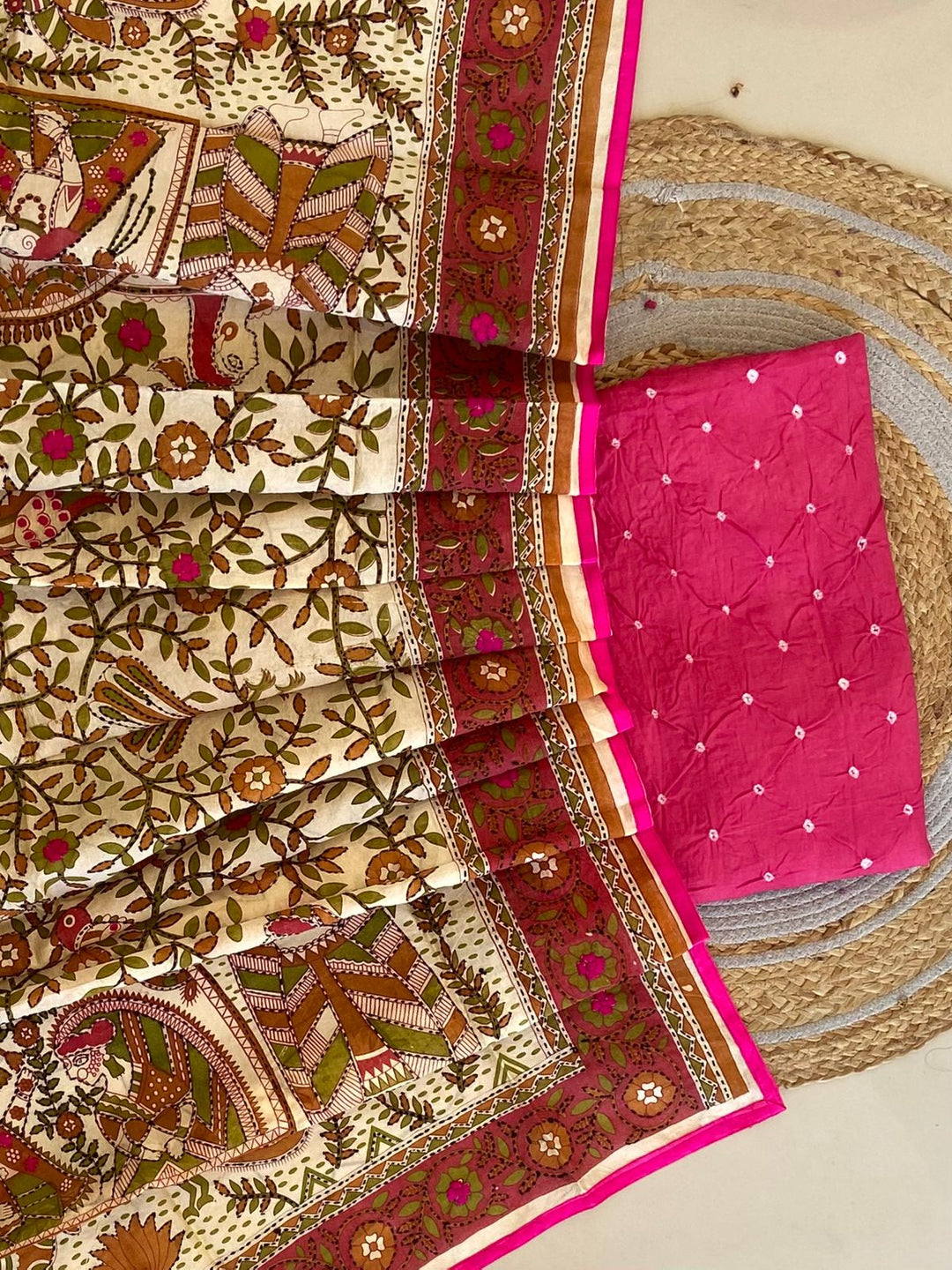 Pure Cotton Shatin Badhani Print Unstitched suit With Chanderi Fulkari Work .