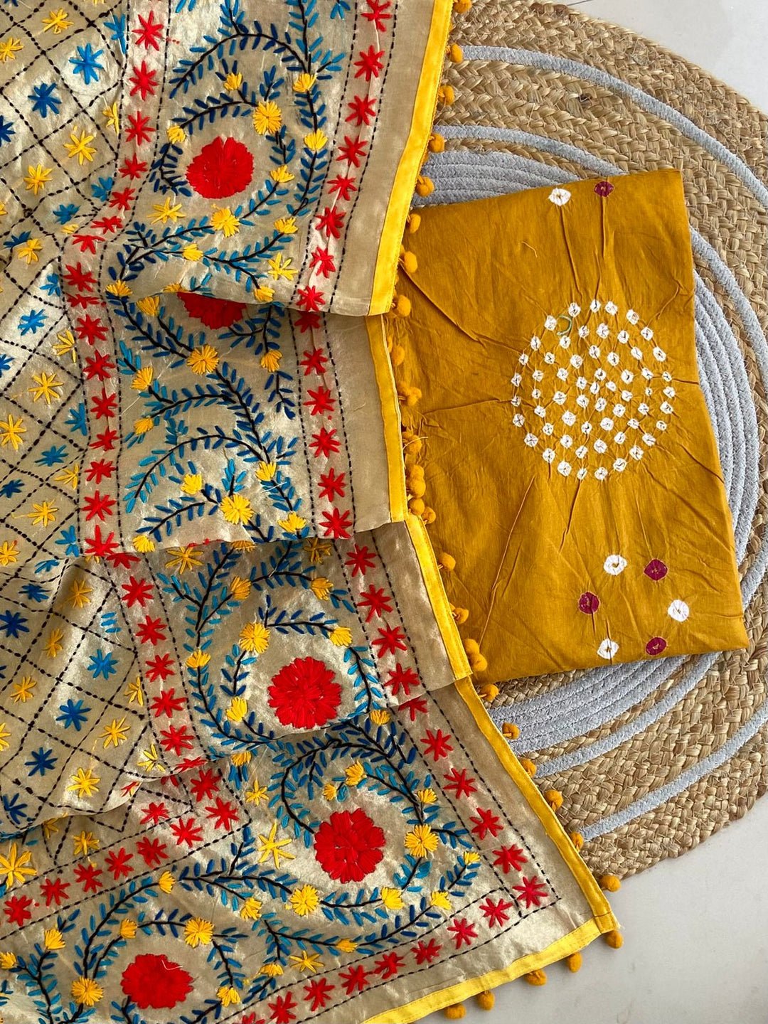 Pure Cotton Shatin Badhani Print Unstitched suit With Chanderi Fulkari Work .
