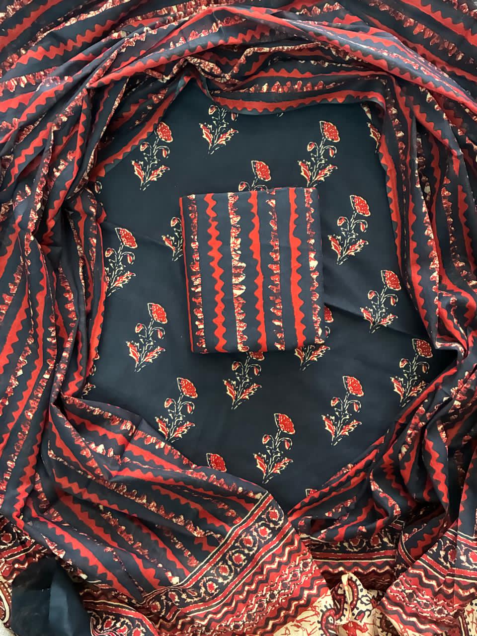 Pure Cotton Hand Block Print Unstitched Suit With Cotton Dupatta.