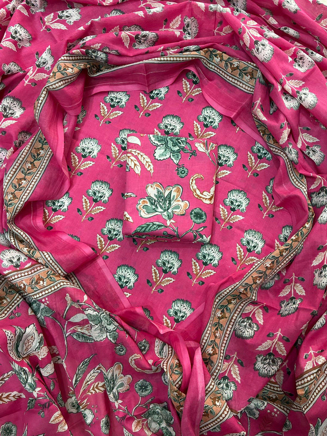 Pure Cotton Hand Block Print Unstitched Suit With Cotton Dupatta.