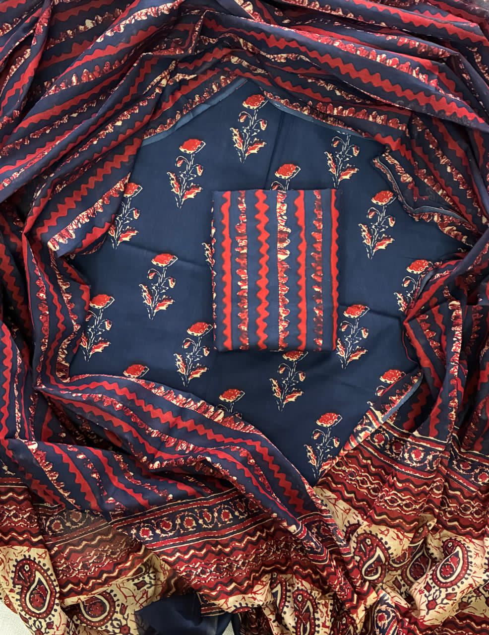Pure Cotton Hand Block Print Unstitched Suit With Cotton Dupatta.