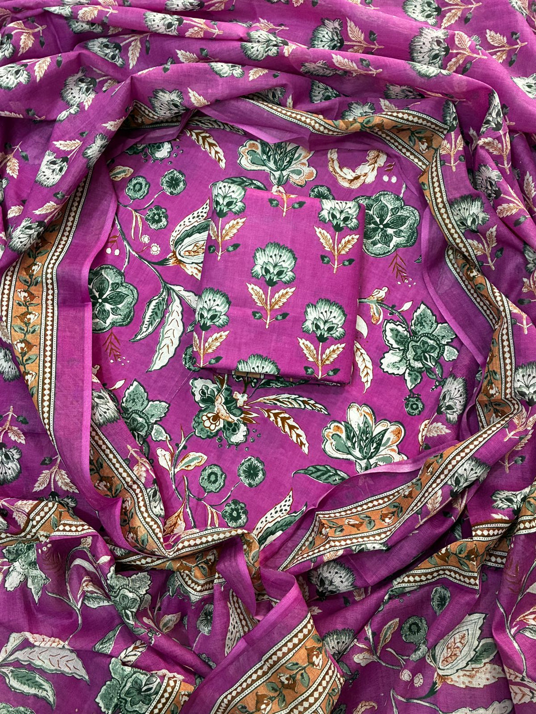 Pure Cotton Hand Block Print Unstitched Suit With Cotton Dupatta.