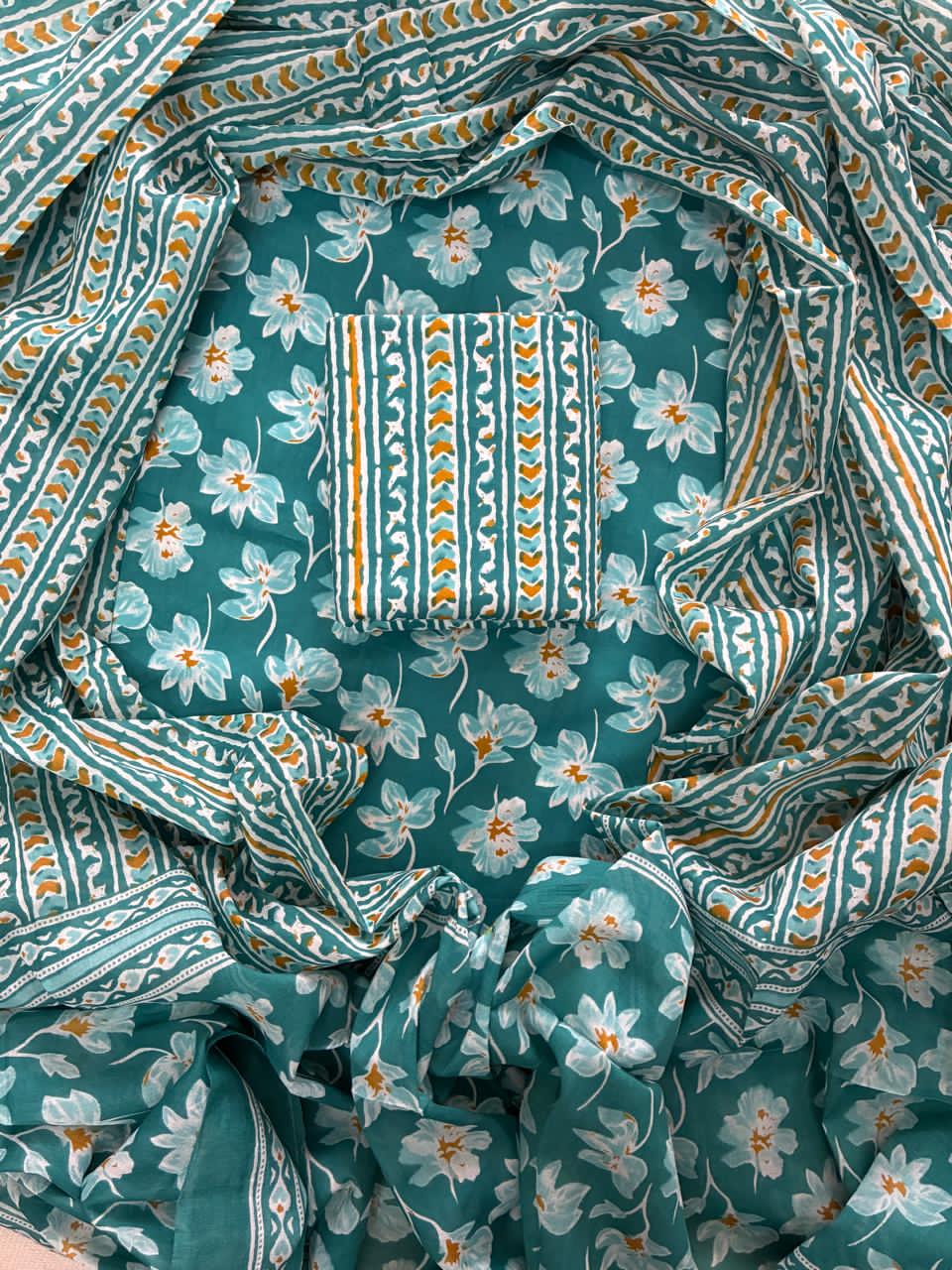 Pure Cotton Hand Block Print Unstitched Suit With Cotton Dupatta.