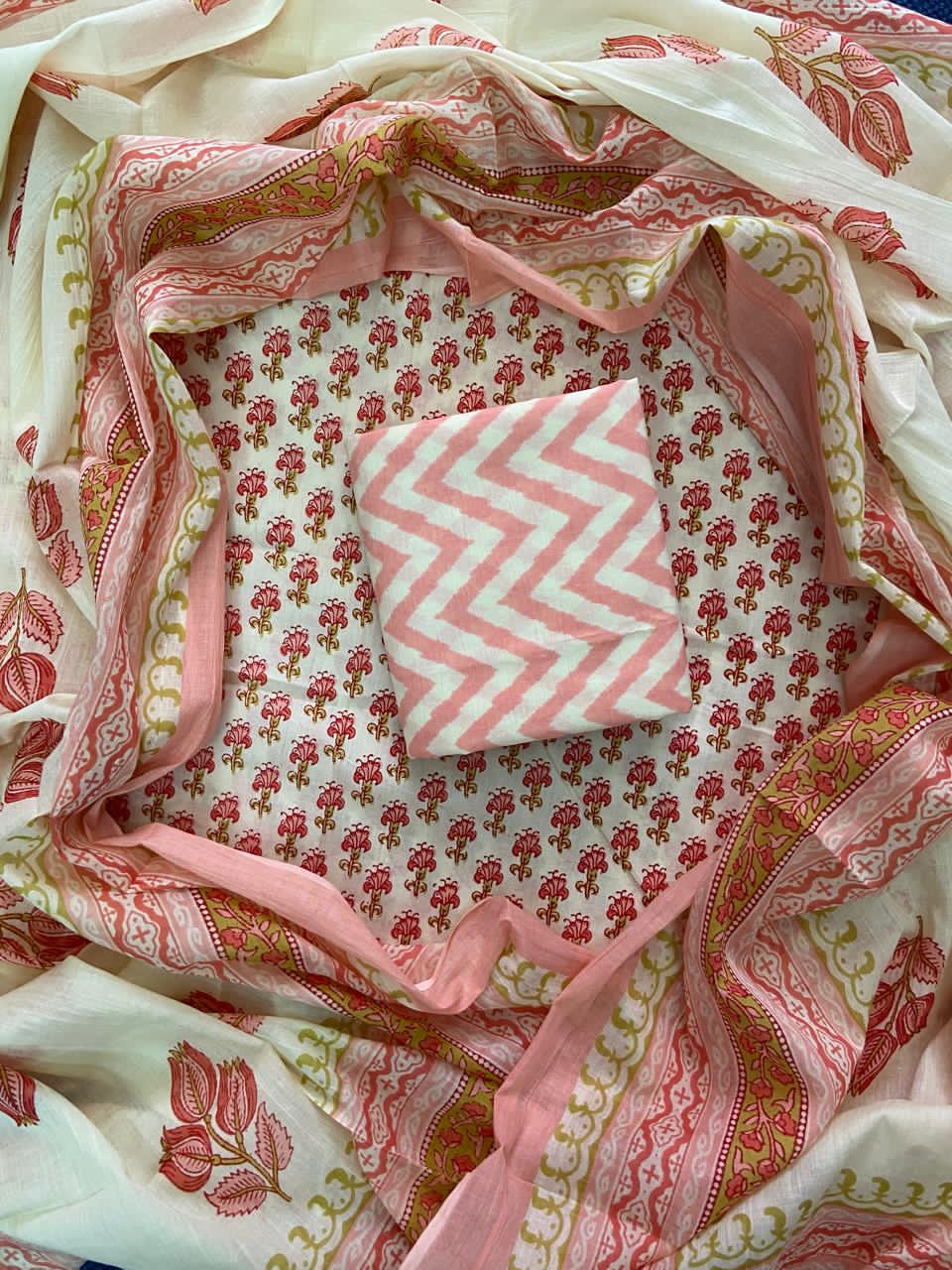 Pure Cotton Hand Block Print Unstitched Suit With Cotton Dupatta.