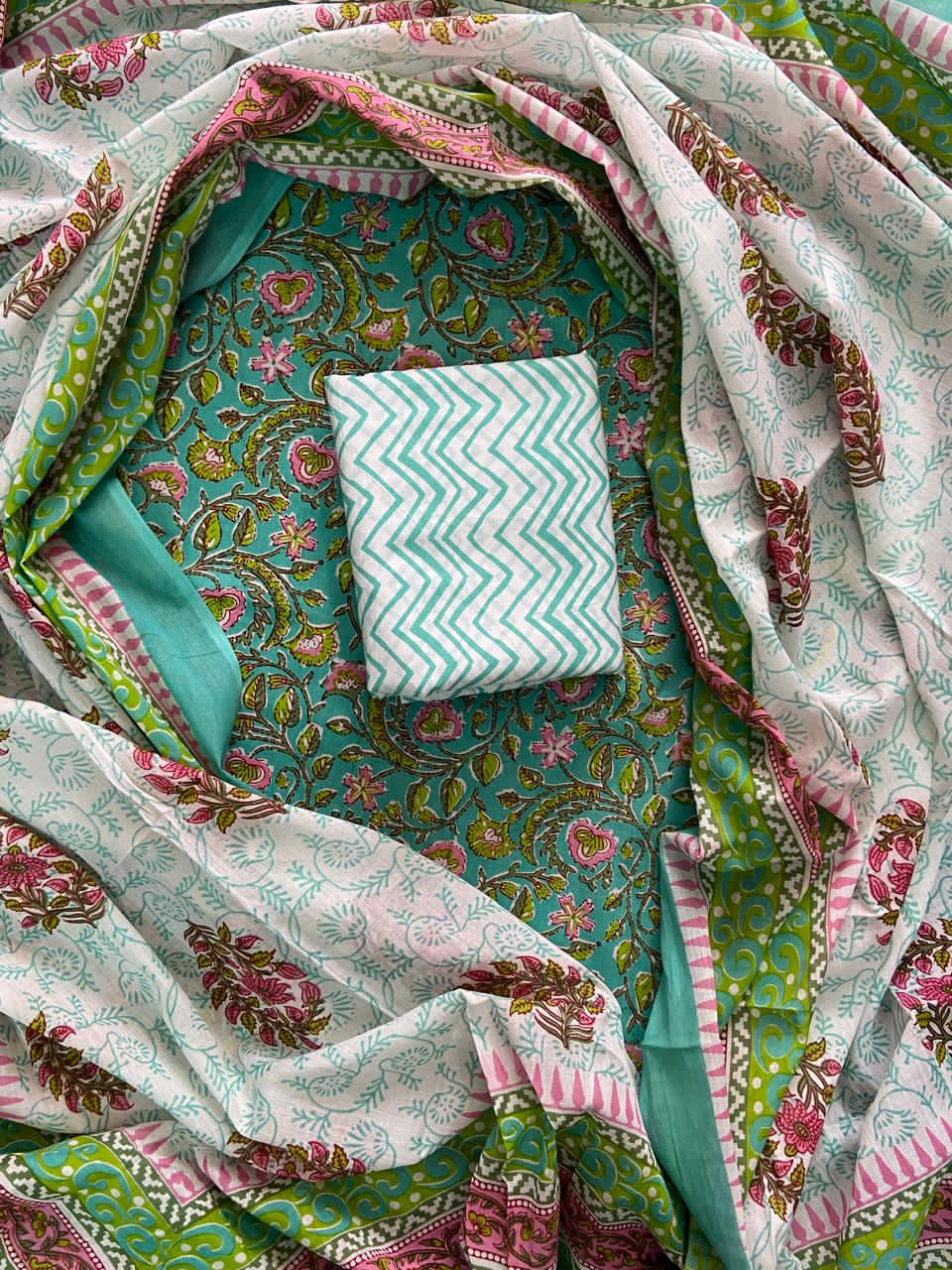 Pure Cotton Hand Block Print Unstitched Suit With Cotton Dupatta.