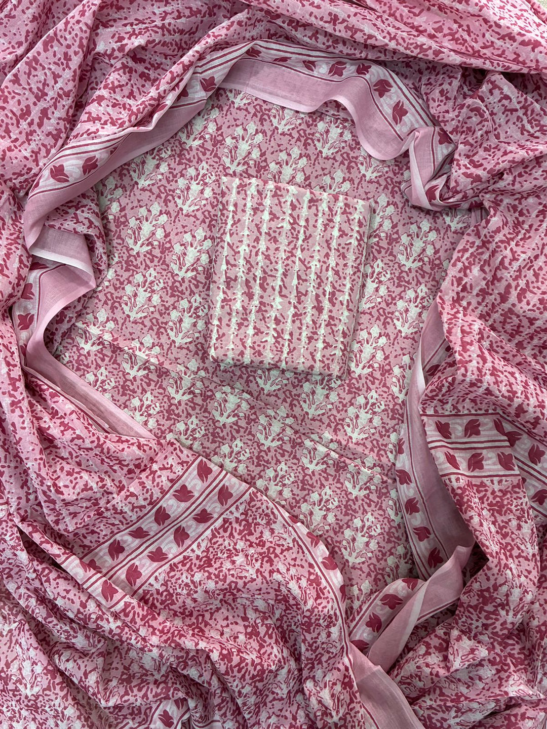 Pure Cotton Hand Block Print Unstitched Suit With Cotton Dupatta.