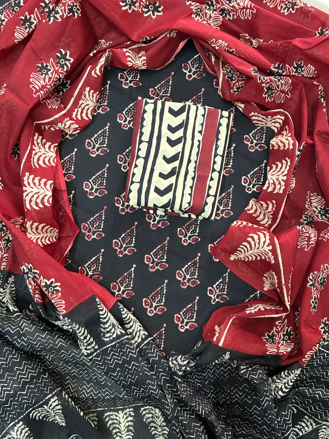 Pure Cotton Hand Block Print Unstitched Suit With Cotton Dupatta.