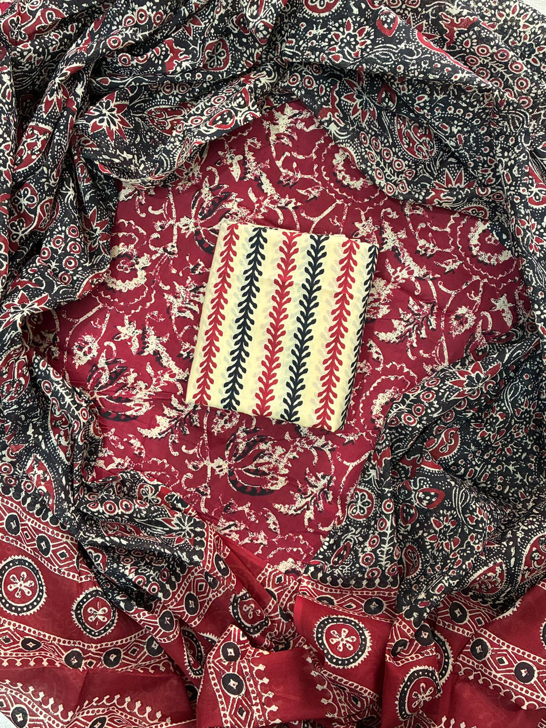 Pure Cotton Hand Block Print Unstitched Suit With Cotton Dupatta.