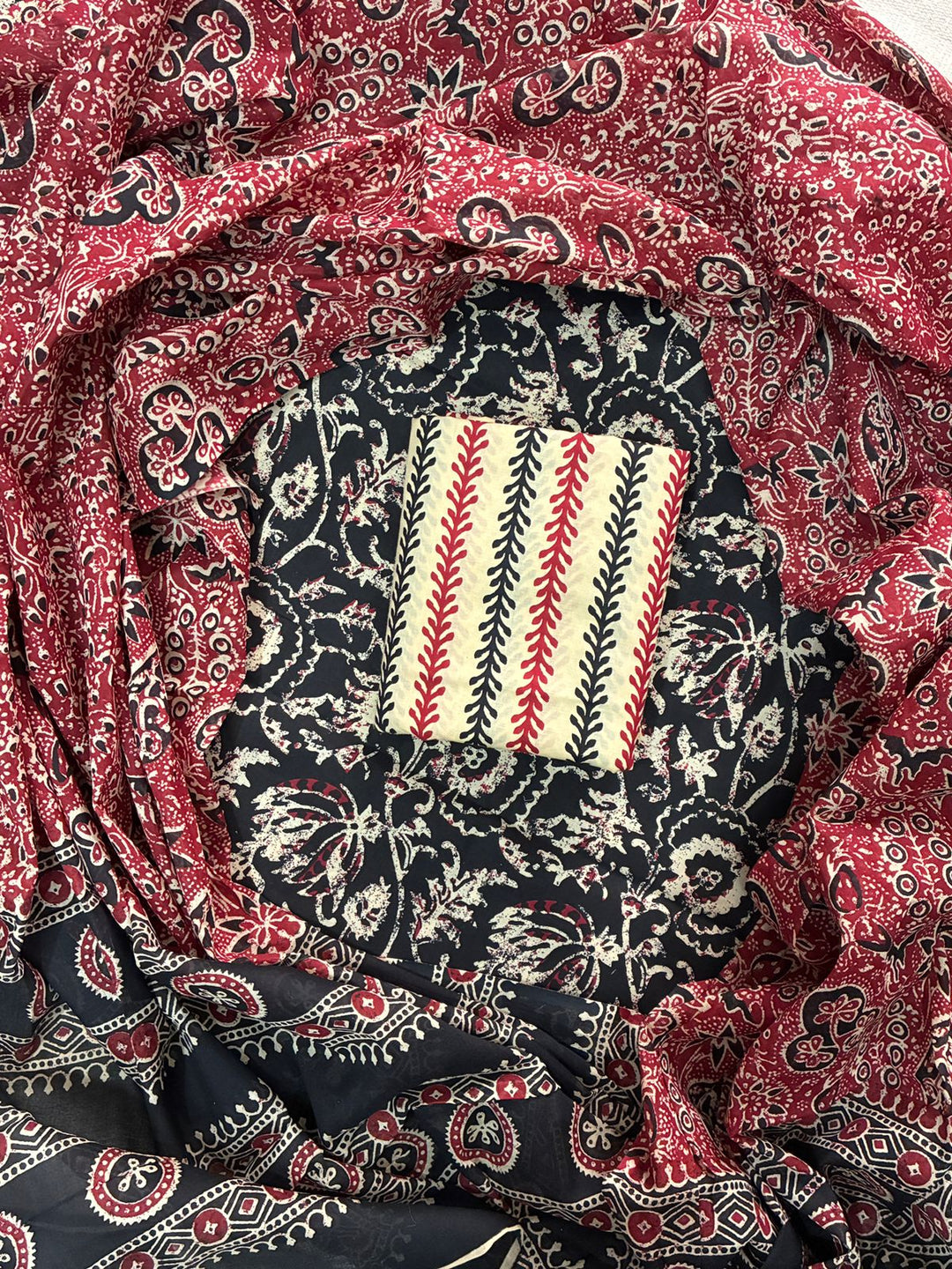 Pure Cotton Hand Block Print Unstitched Suit With Cotton Dupatta.
