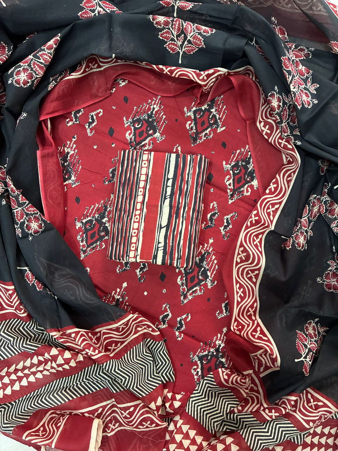 Pure Cotton Hand Block Print Unstitched Suit With Cotton Dupatta.