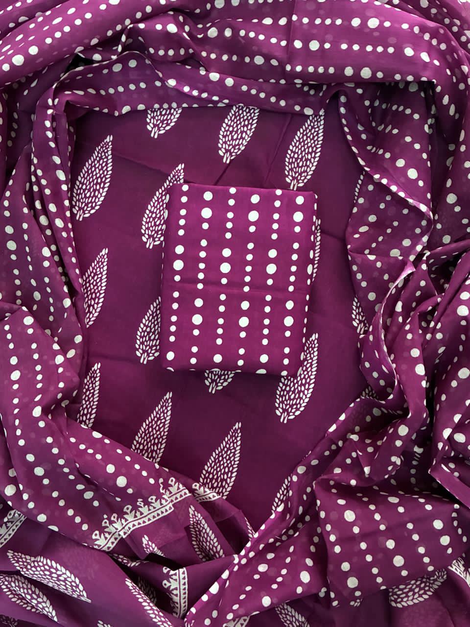 Pure Cotton Hand Block Print Unstitched Suit With Cotton Dupatta.
