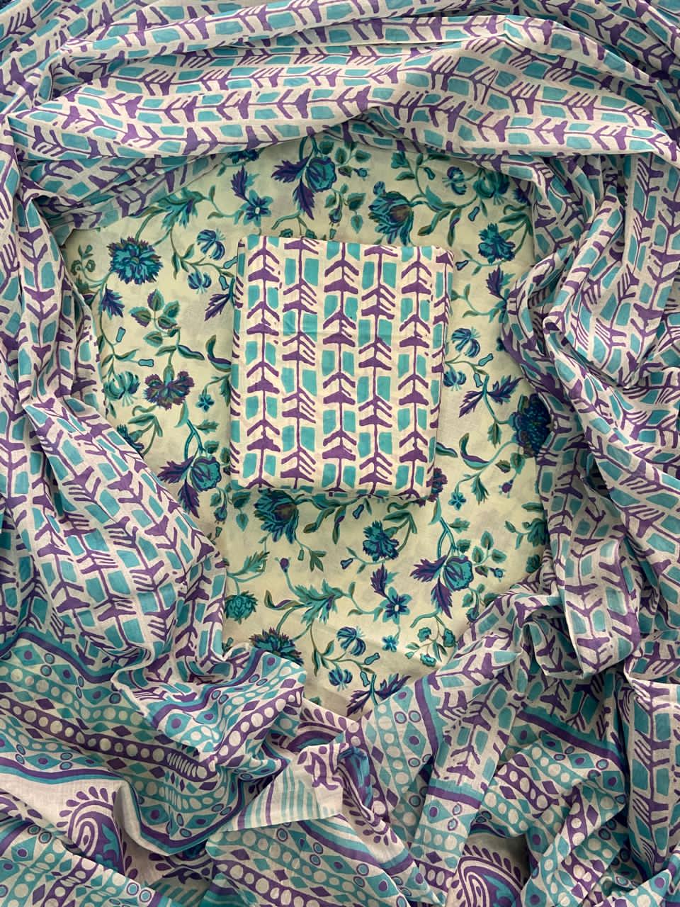 Pure Cotton Hand Block Print Unstitched Suit With Cotton Dupatta.