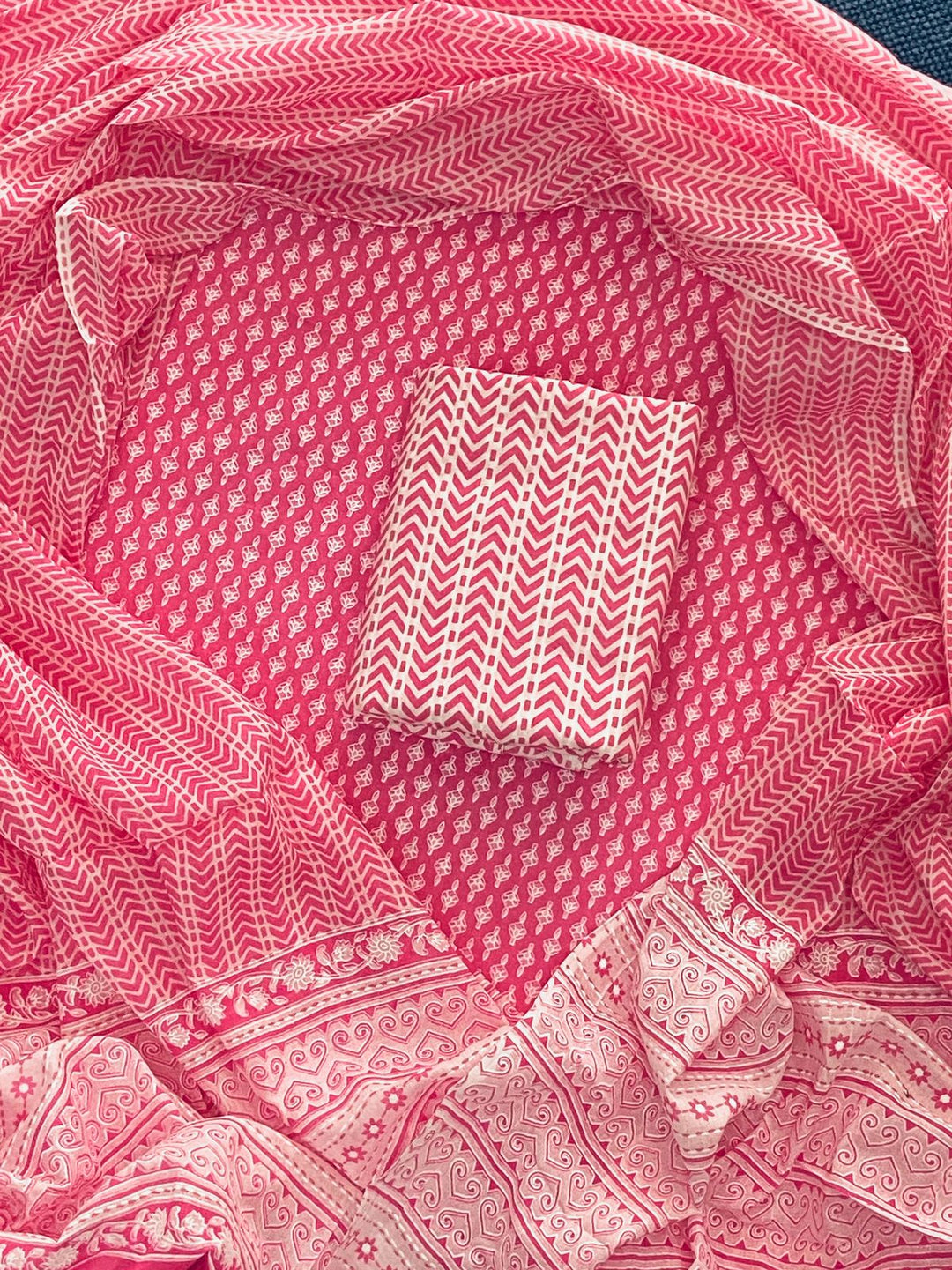 Pure Cotton Hand Block Print Unstitched Suit With Cotton Dupatta.