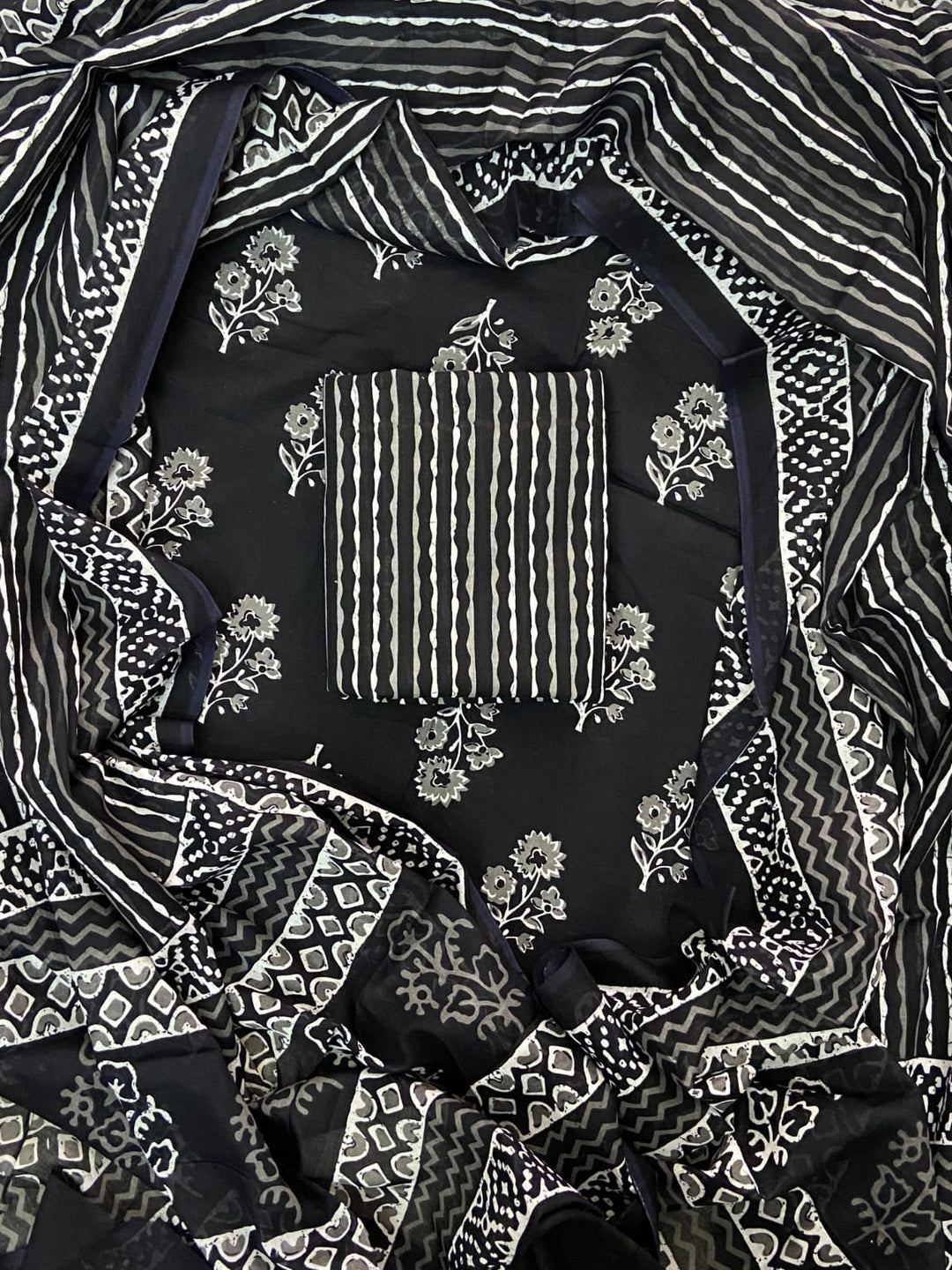 Pure Cotton Hand Block Print Unstitched Suit With Cotton Dupatta.