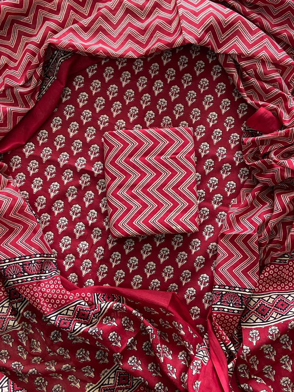 Pure Cotton Hand Block Print Unstitched Suit With Cotton Dupatta.
