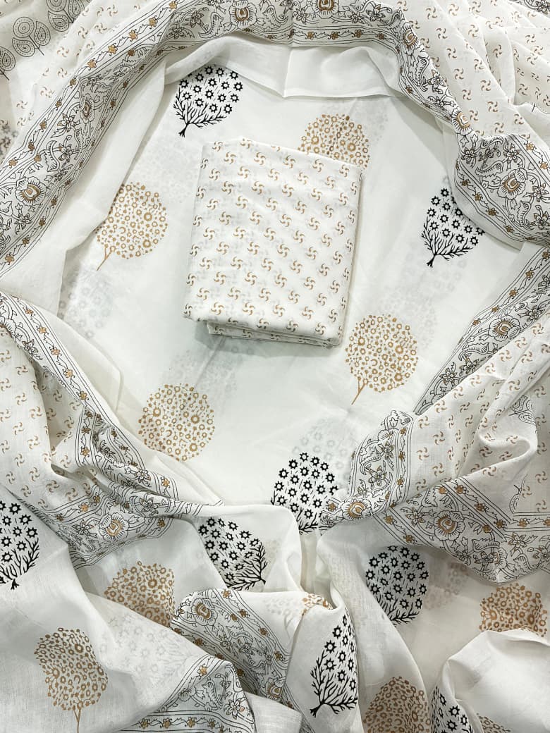 Pure Cotton Hand Block Print Unstitched Suit With Cotton Dupatta.