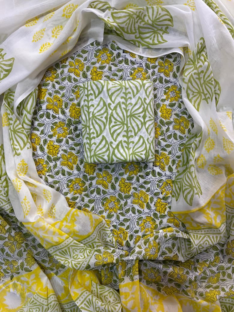Pure Cotton Hand Block Print Unstitched Suit With Cotton Dupatta.