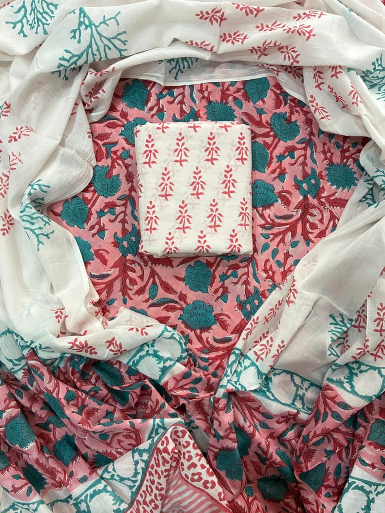 Pure Cotton Hand Block Print Unstitched Suit With Cotton Dupatta.