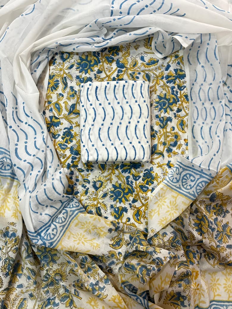 Pure Cotton Hand Block Print Unstitched Suit With Cotton Dupatta.