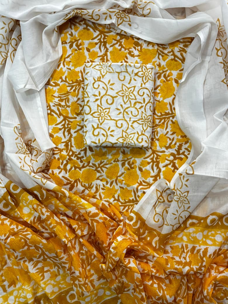 Pure Cotton Hand Block Print Unstitched Suit With Cotton Dupatta.
