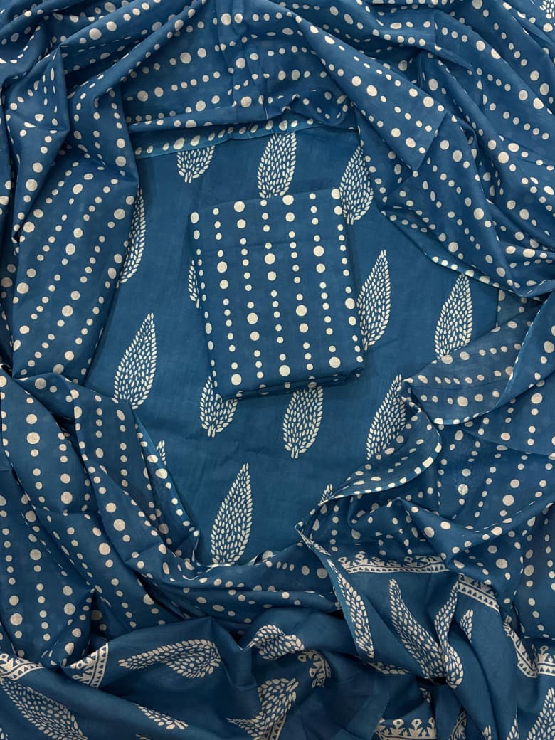 Pure Cotton Hand Block Print Unstitched Suit With Cotton Dupatta.