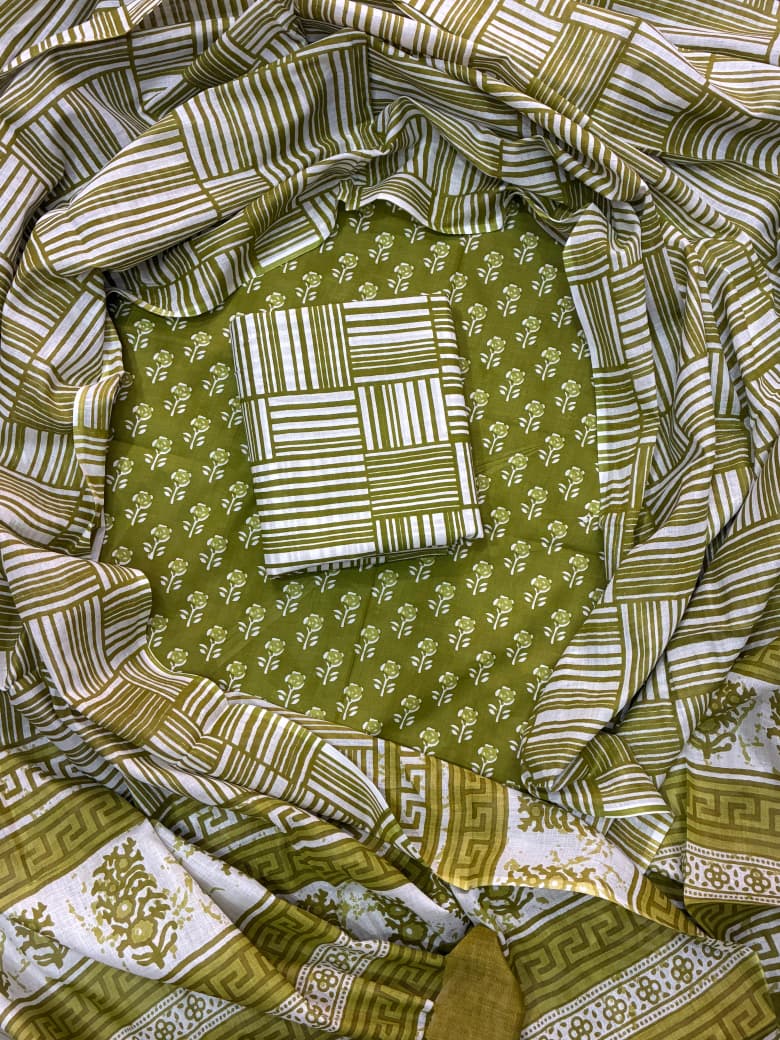 Pure Cotton Hand Block Print Unstitched Suit With Cotton Dupatta.