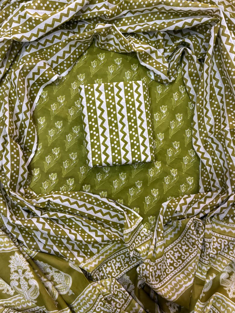 Pure Cotton Hand Block Print Unstitched Suit With Cotton Dupatta.