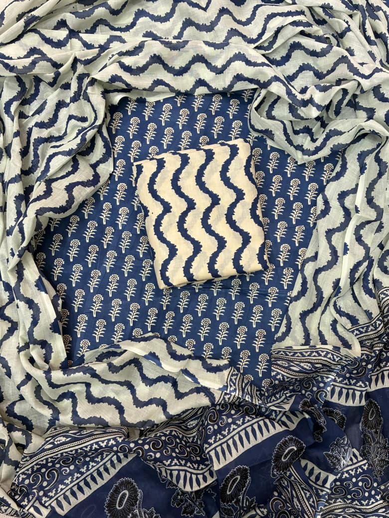 Pure Cotton Hand Block Print Unstitched Suit With Cotton Dupatta.