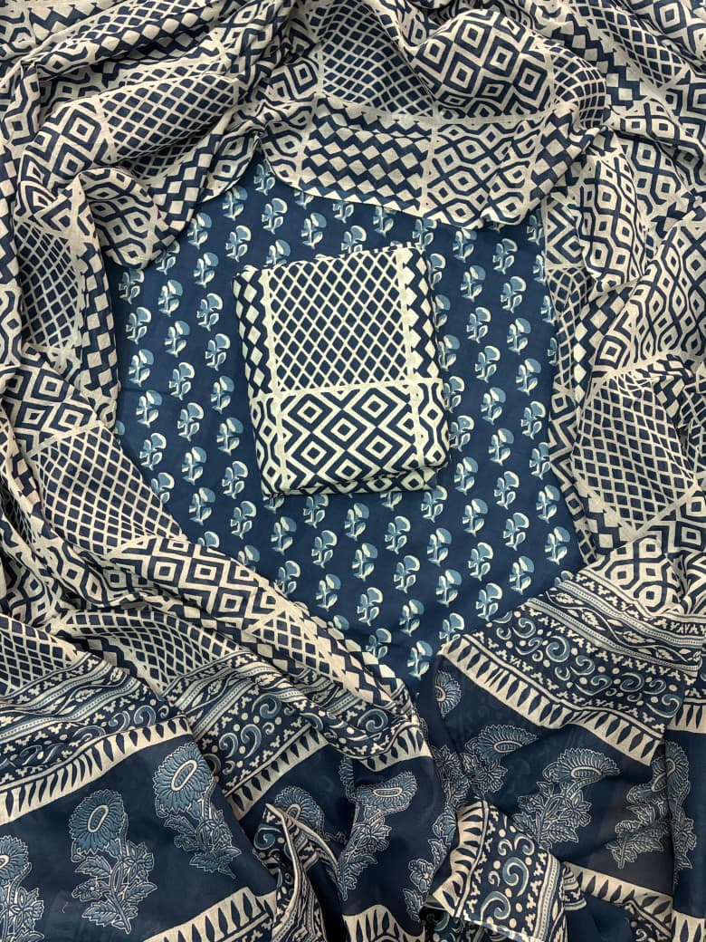 Pure Cotton Hand Block Print Unstitched Suit With Cotton Dupatta.