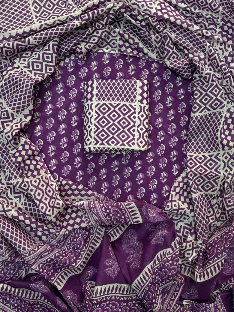 Pure Cotton Hand Block Print Unstitched Suit With Cotton Dupatta.
