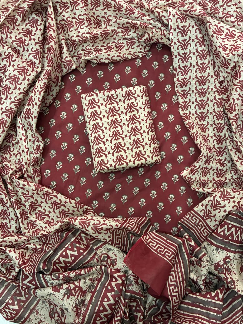 Pure Cotton Hand Block Print Unstitched Suit With Cotton Dupatta.