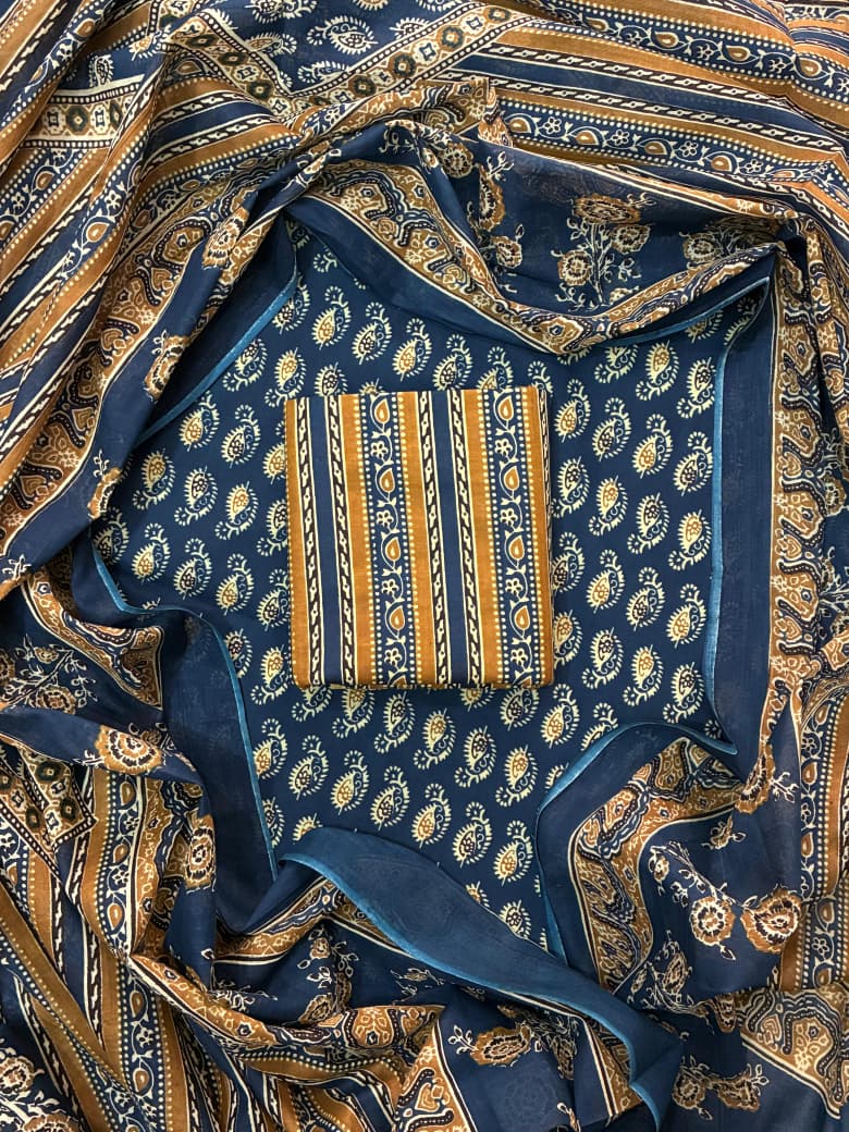 Pure Cotton Hand Block Print Unstitched Suit With Cotton Dupatta.