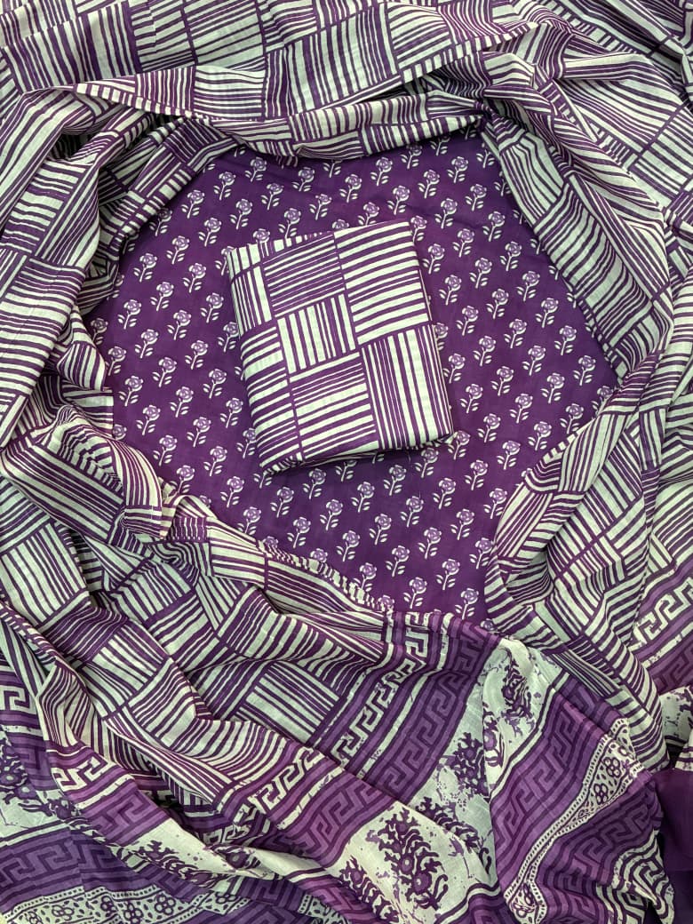 Pure Cotton Hand Block Print Unstitched Suit With Cotton Dupatta.