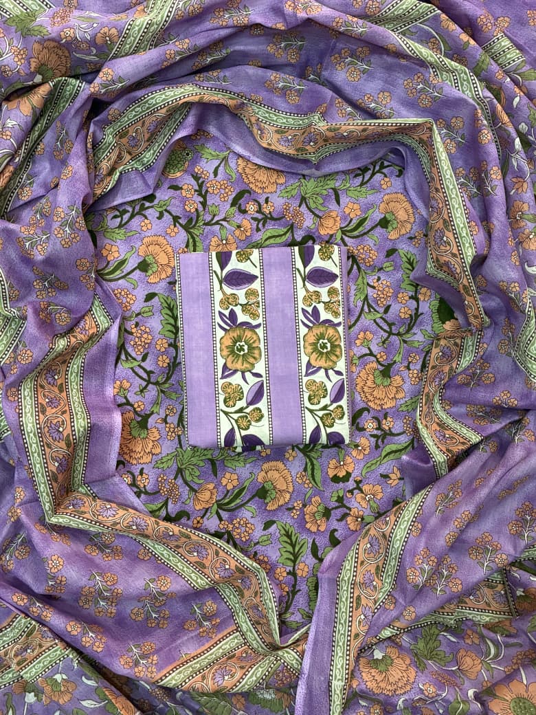 Pure Cotton Hand Block Print Unstitched Suit With Cotton Dupatta.