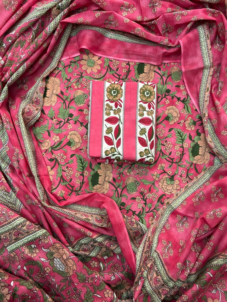 Pure Cotton Hand Block Print Unstitched Suit With Cotton Dupatta.