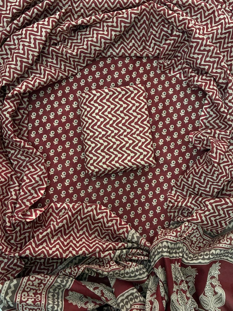 Pure Cotton Hand Block Print Unstitched Suit With Cotton Dupatta.