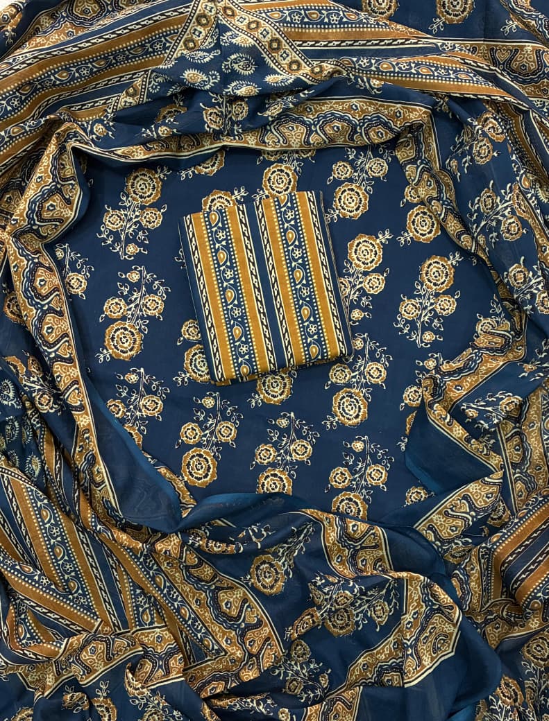 Pure Cotton Hand Block Print Unstitched Suit With Cotton Dupatta.