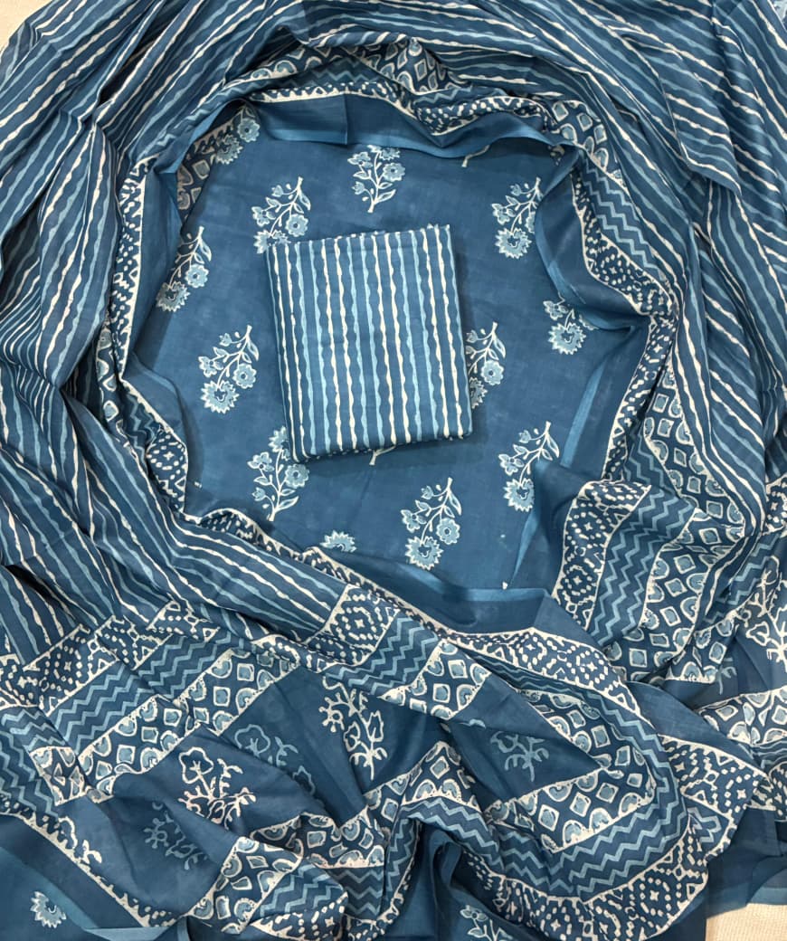 Pure Cotton Hand Block Print Unstitched Suit With Cotton Dupatta.