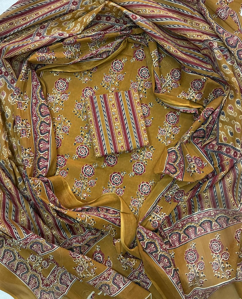 Pure Cotton Hand Block Print Unstitched Suit With Cotton Dupatta.