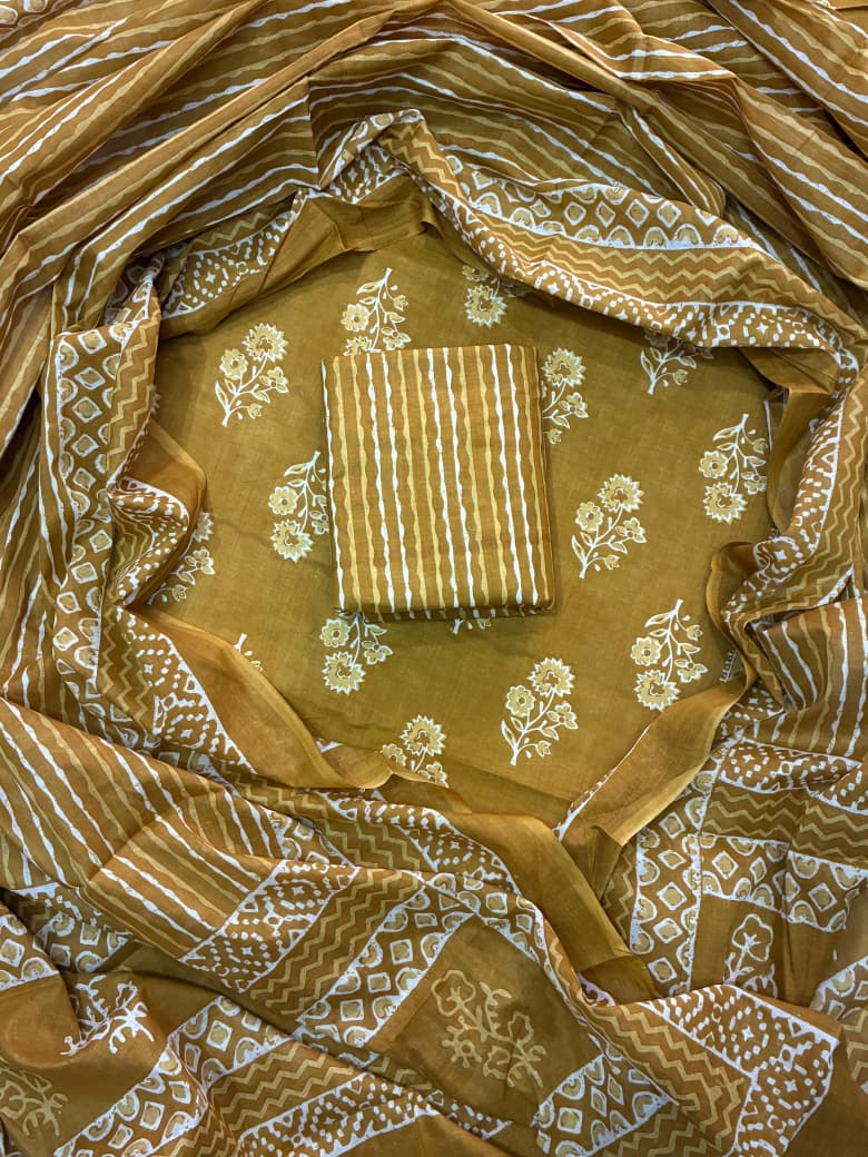 Pure Cotton Hand Block Print Unstitched Suit With Cotton Dupatta.