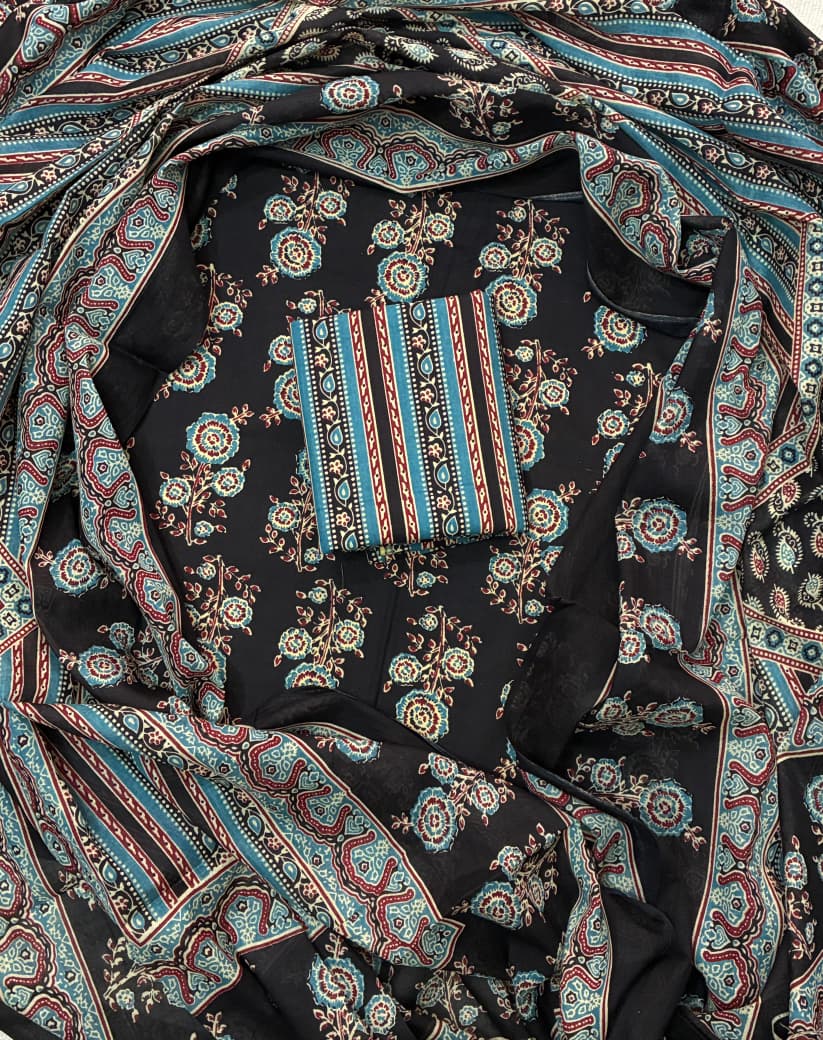 Pure Cotton Hand Block Print Unstitched Suit With Cotton Dupatta.