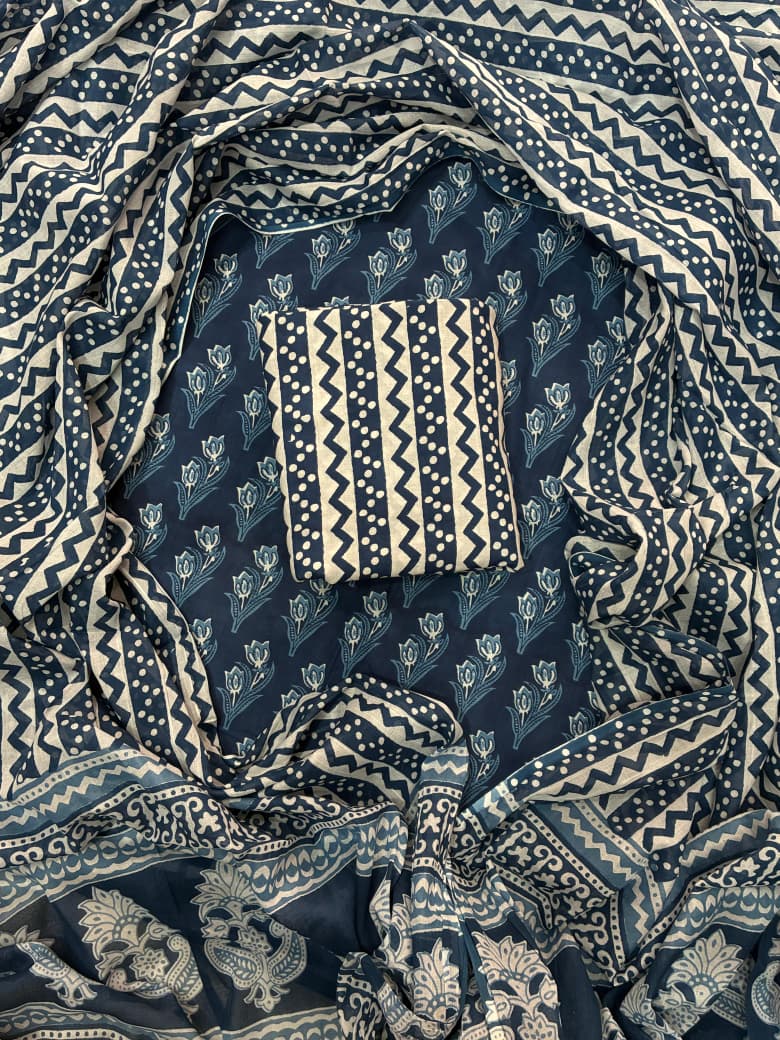 Pure Cotton Hand Block Print Unstitched Suit With Cotton Dupatta.