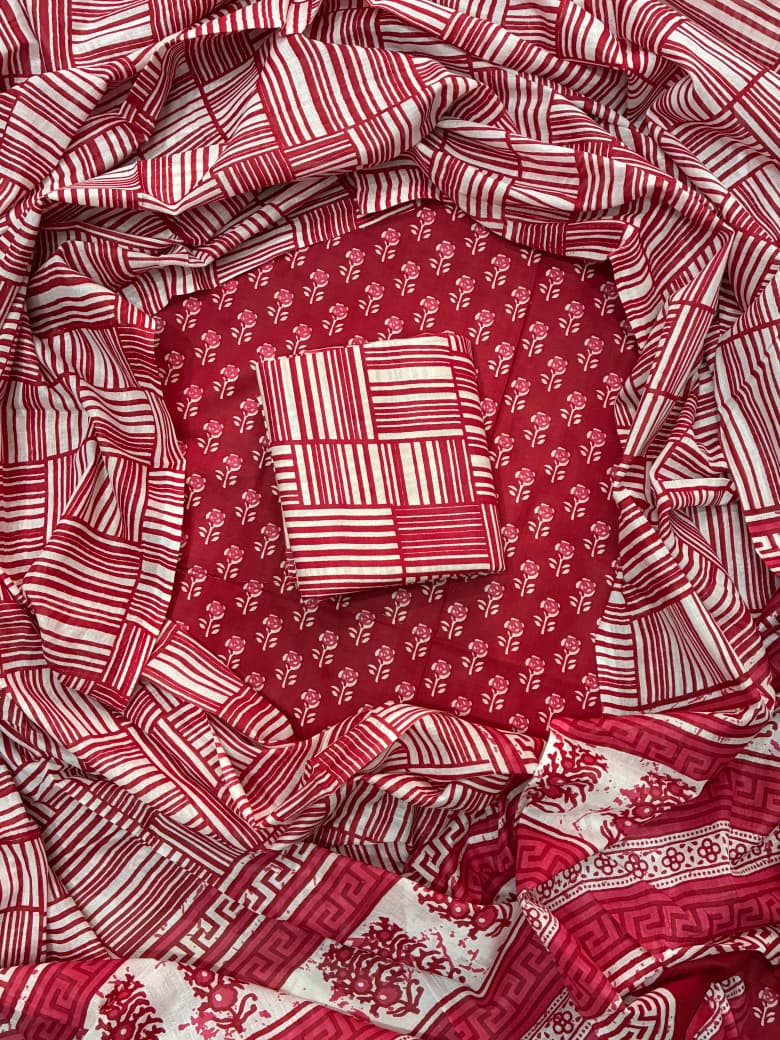 Pure Cotton Hand Block Print Unstitched Suit With Cotton Dupatta.