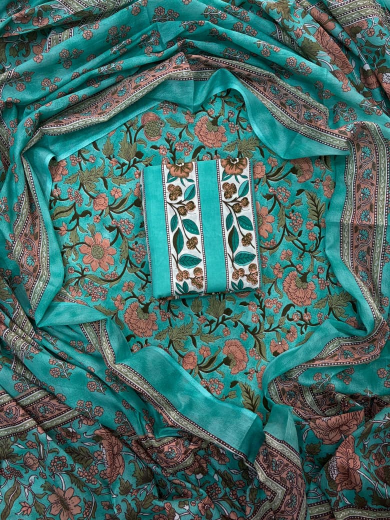 Pure Cotton Hand Block Print Unstitched Suit With Cotton Dupatta.