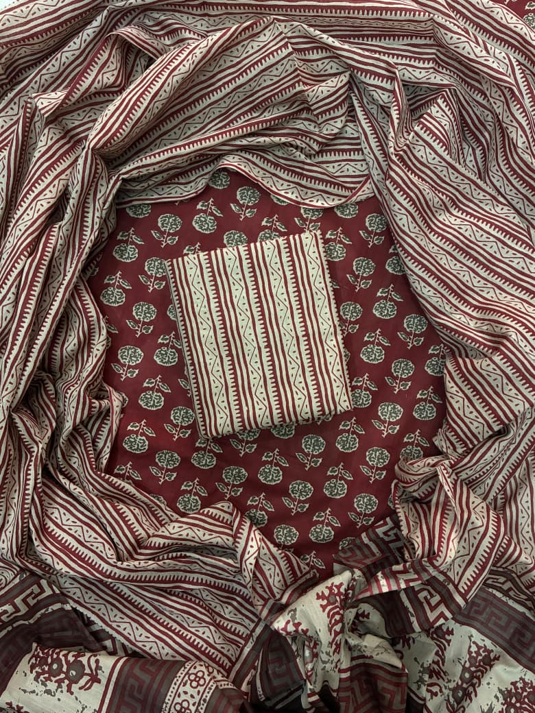 Pure Cotton Hand Block Print Unstitched Suit With Cotton Dupatta.